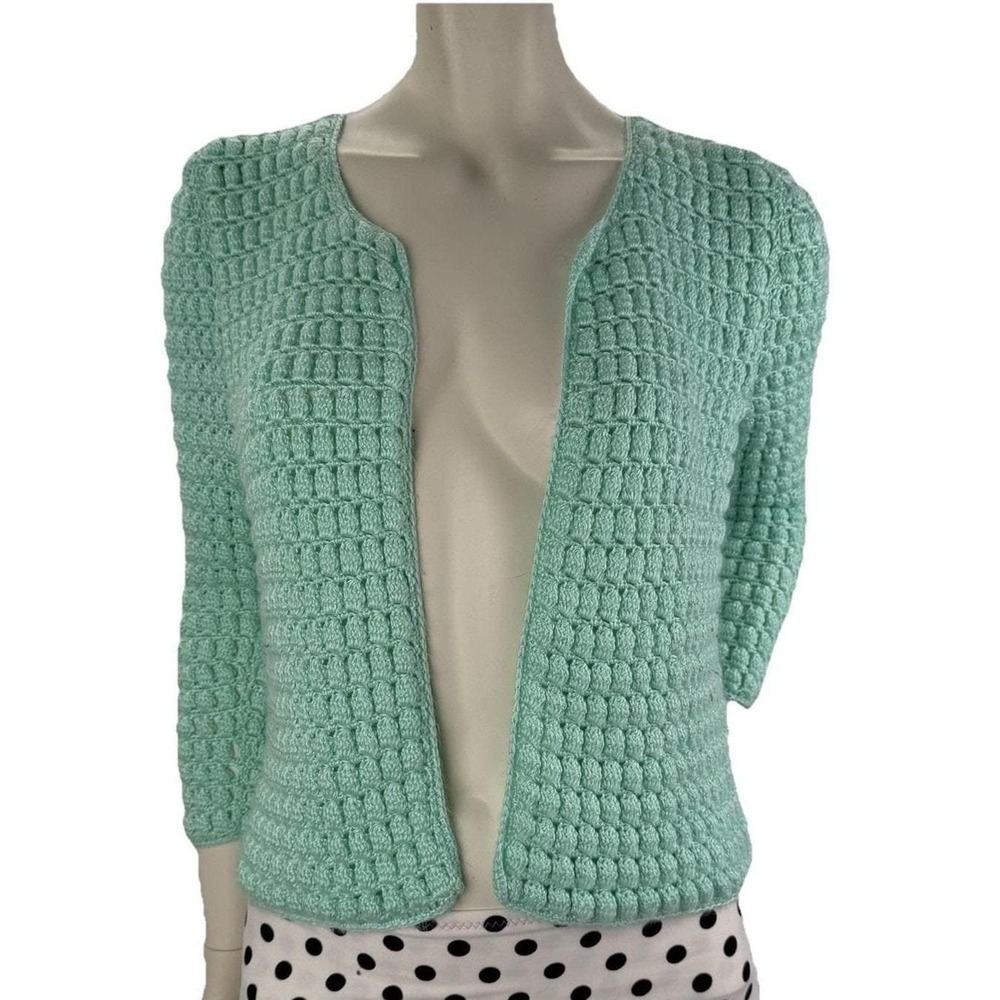Vintage Handmade Turquoise Cardigan Open Front Coastal Grandmother Vacaycore S
